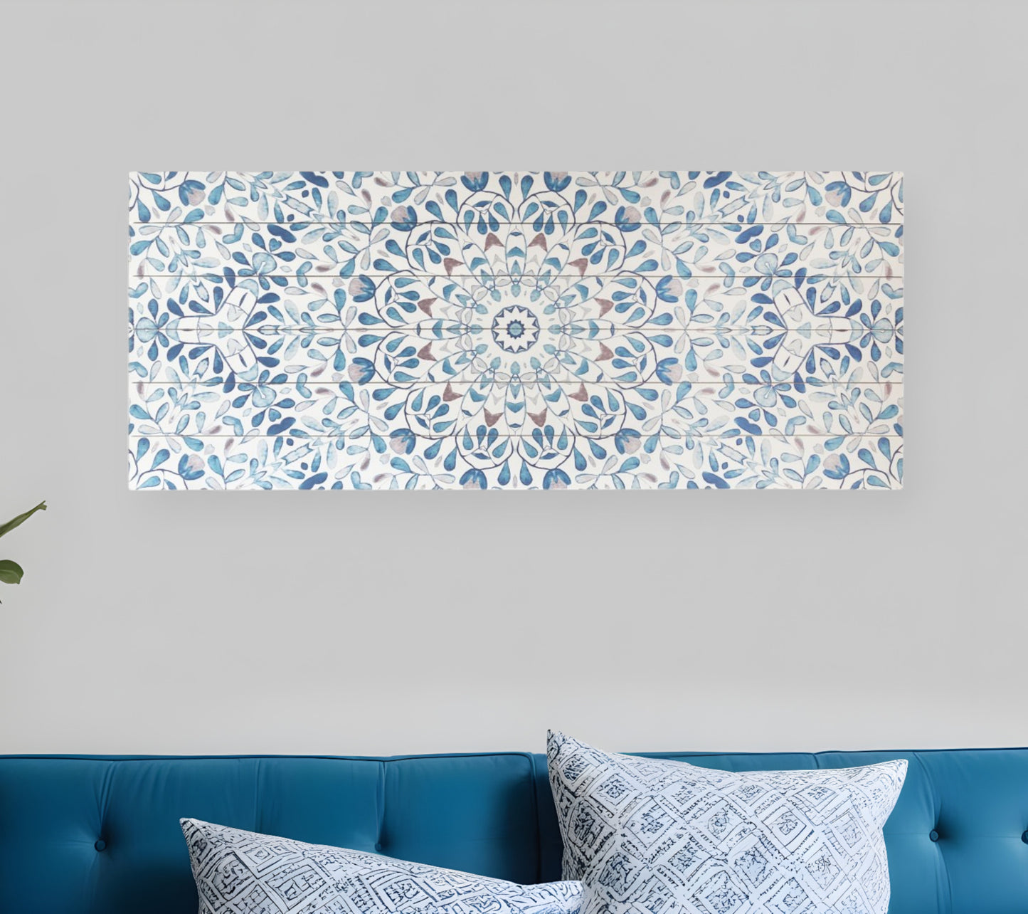 19" X 45" Shades of Blue Ornate Floral Medallion Wood Plank Wall Art