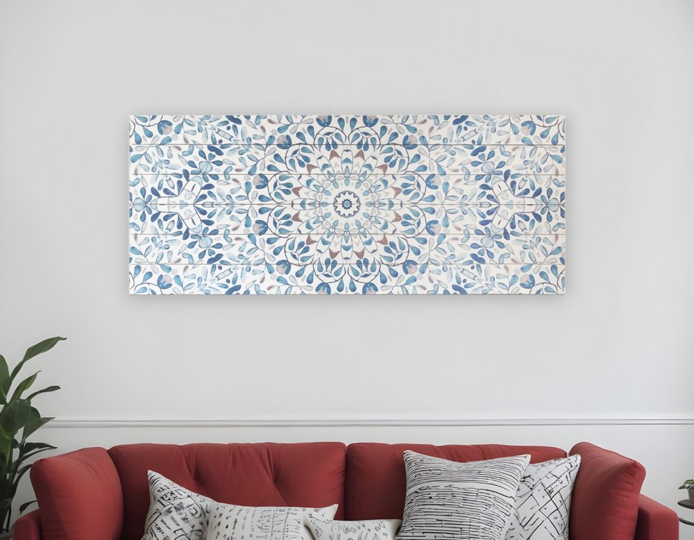19" X 45" Shades of Blue Ornate Floral Medallion Wood Plank Wall Art