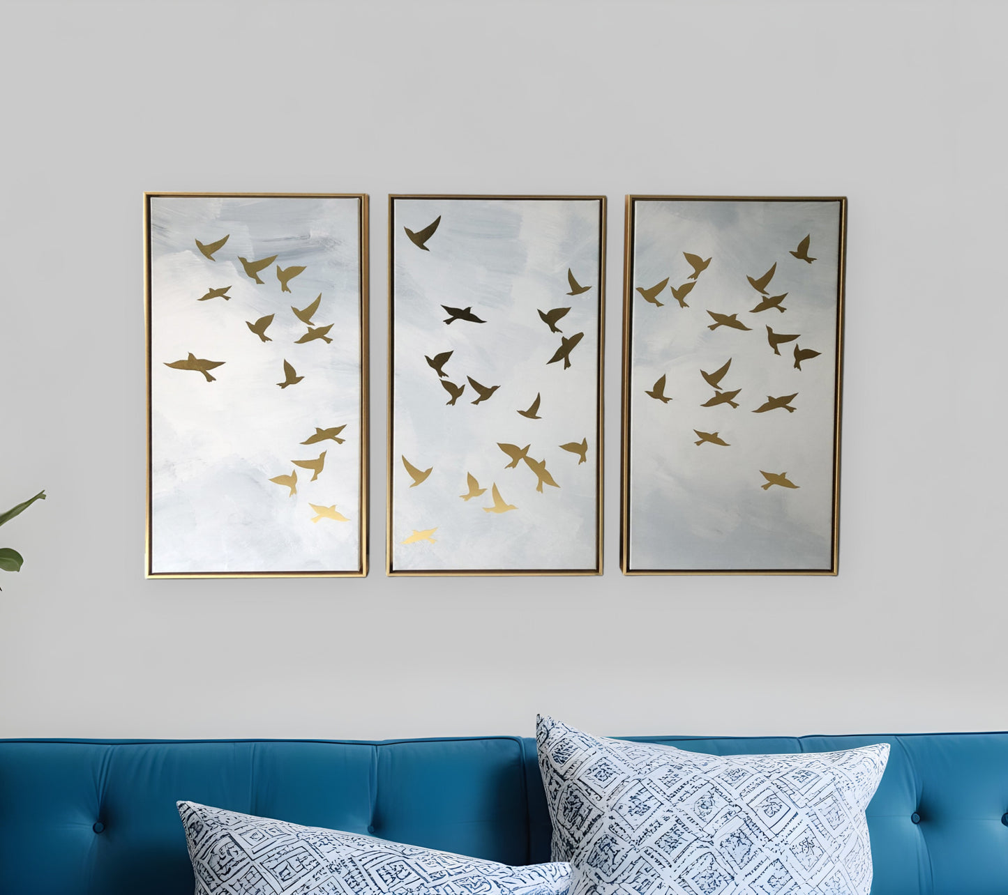 Set of Three Golden Birds Framed Canvas Wall Art