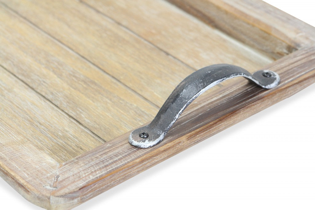 Wooden Paneled Tray with Metal Handles