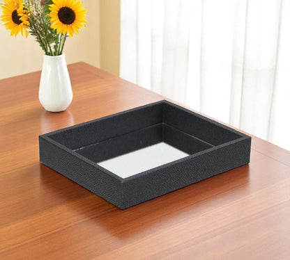 10" Black Faux Shagreen And Mirrored Glass Tray