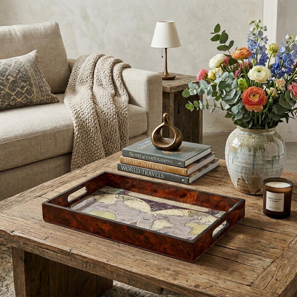 World Map Vintage Burlwood Serving Tray