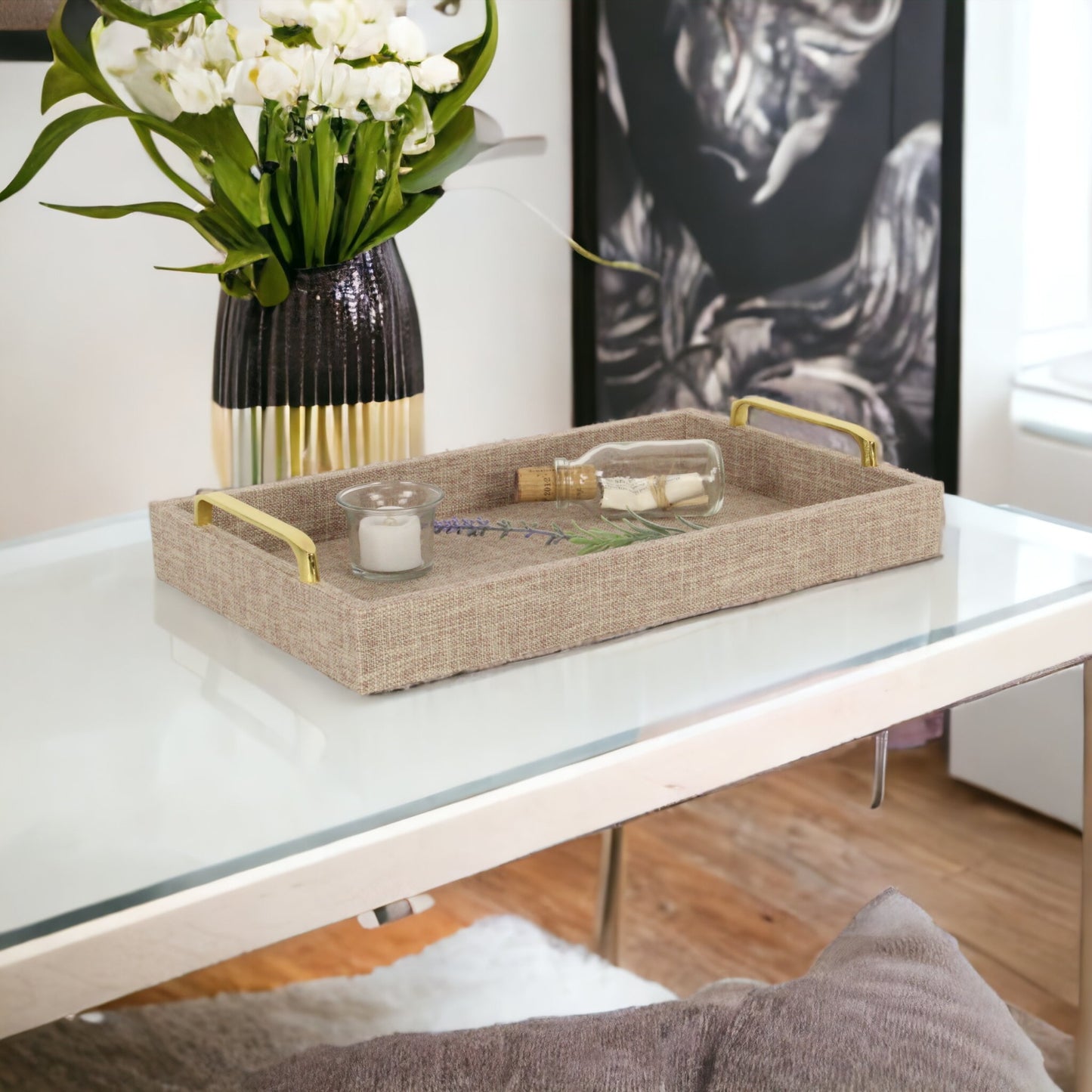 Beige Linen and Wooden Tray