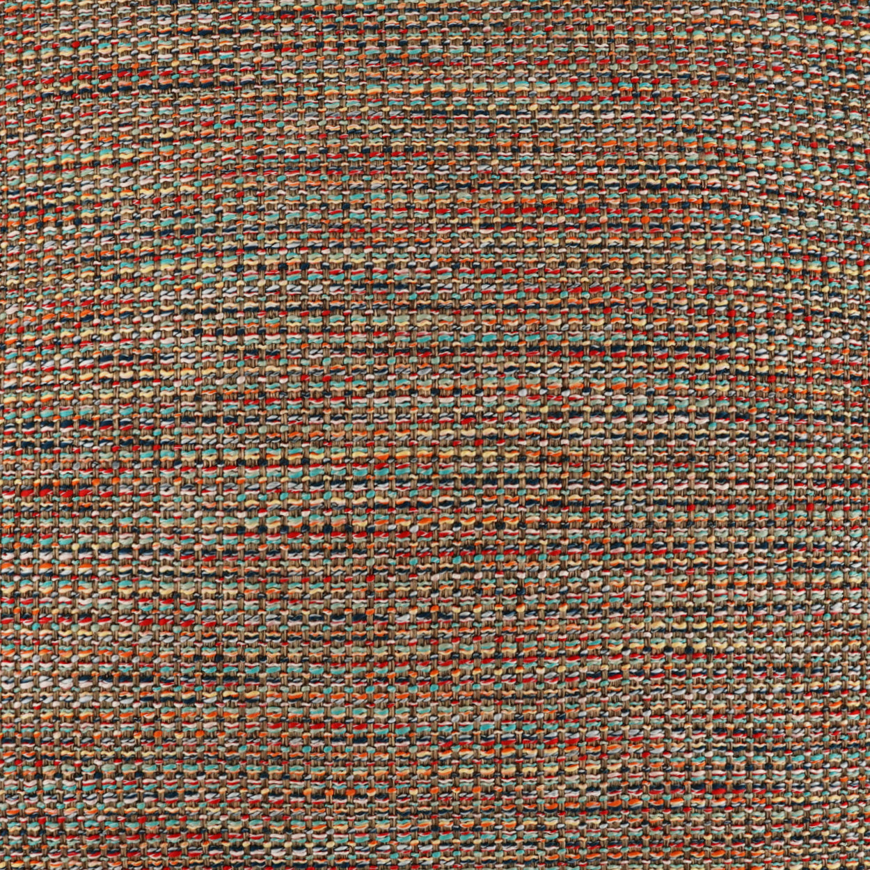 Close-up of multicolor woven tweed fabric in red, orange, teal, beige and brown.