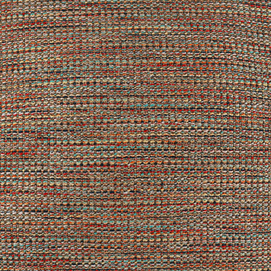 Close-up of multicolor woven tweed fabric in red, orange, teal, beige and brown.