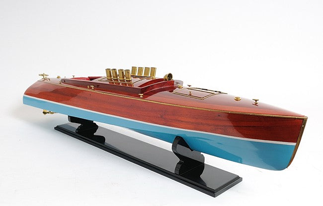 9" Brown Blue And Red Manufactured Wood Hand Painted Decorative Boat