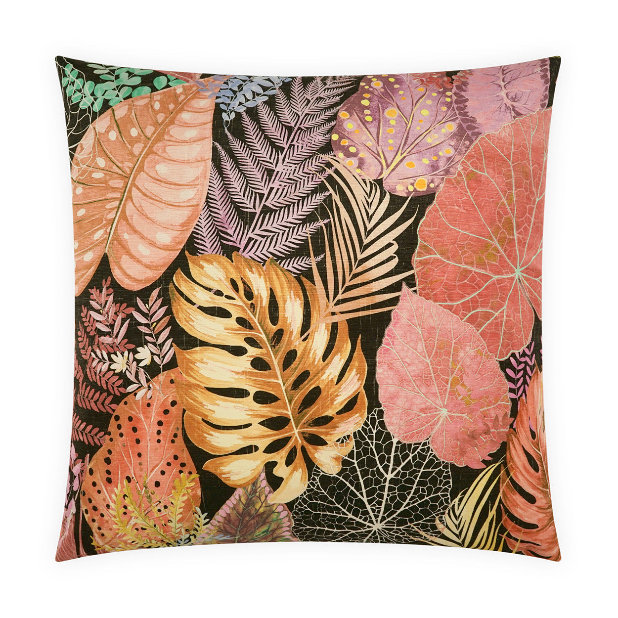 Rectangular decorative pillow with tropical multicolor leaf print in pink, peach, orange, yellow and green for home decor.