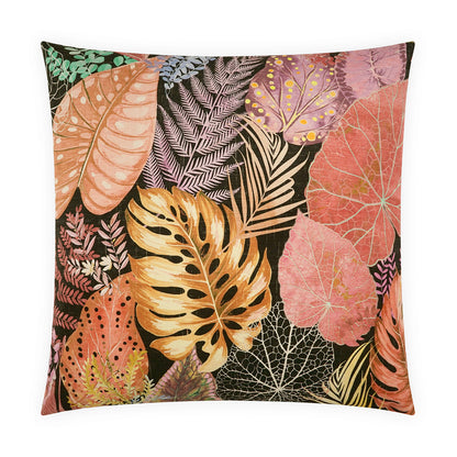 Rectangular decorative pillow with tropical multicolor leaf print in pink, peach, orange, yellow and green for home decor.