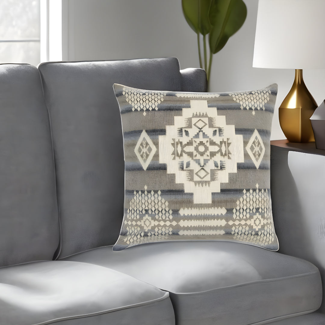 20" Gray and White Southwestern Acrylic Throw Pillow Cover