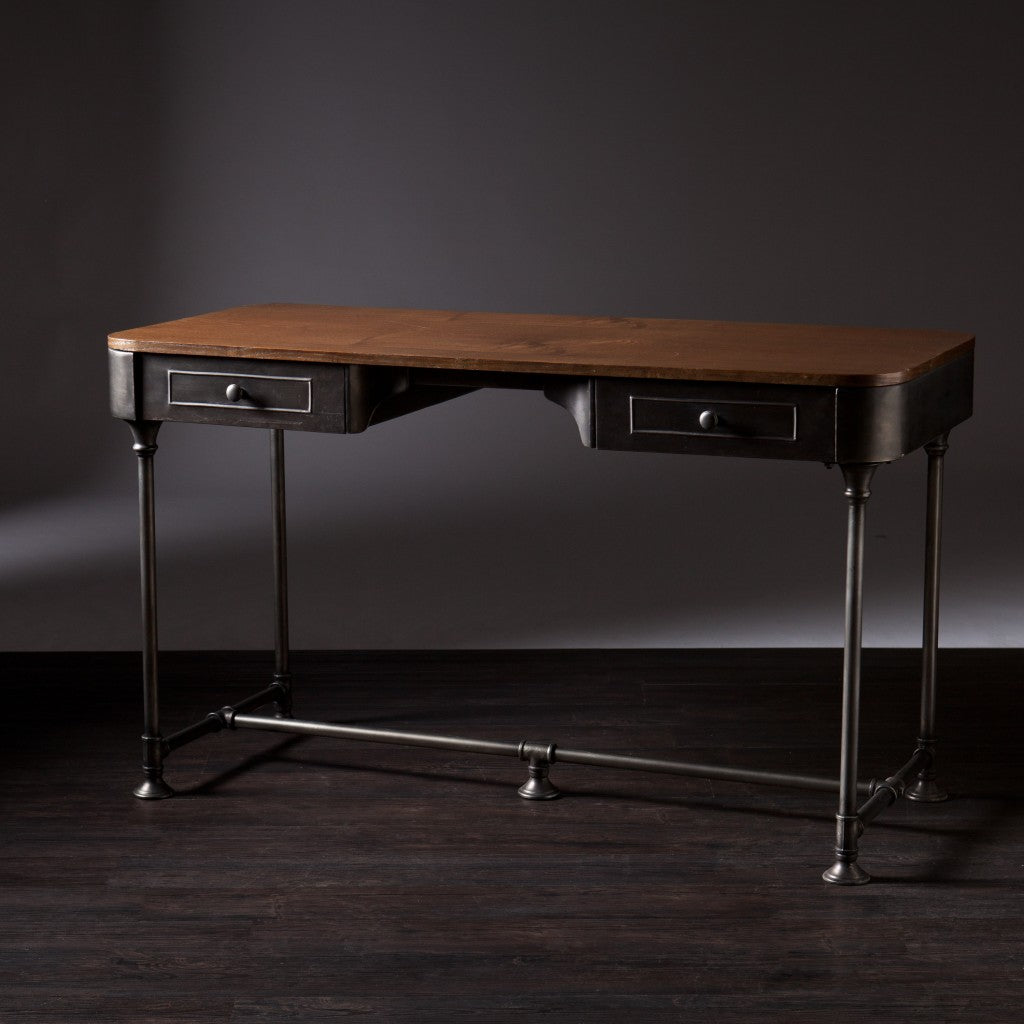 50" Brown And Silver Writing Desk With Two Drawers