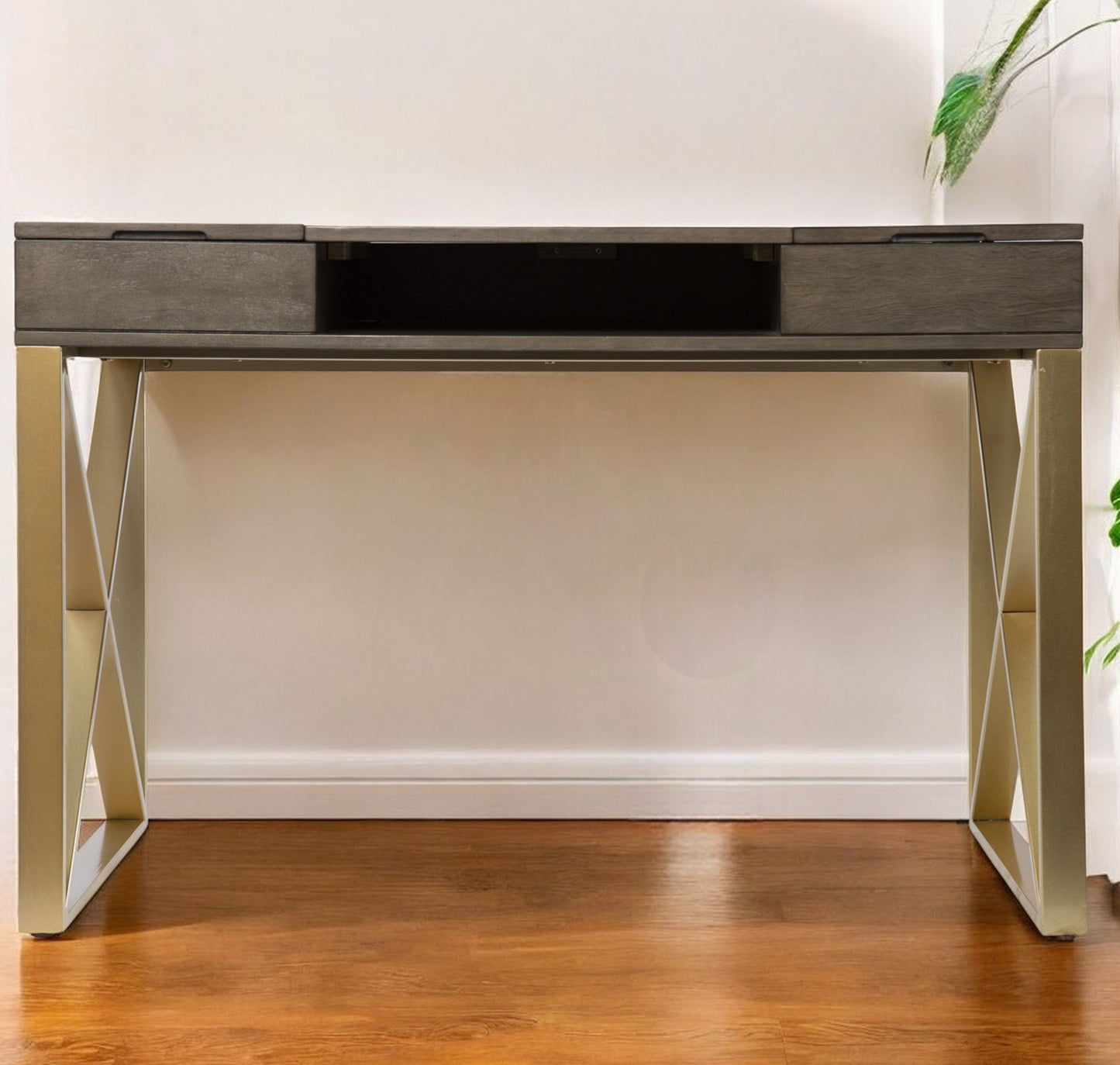 45" Gray and Gold Writing Desk With Two Drawers