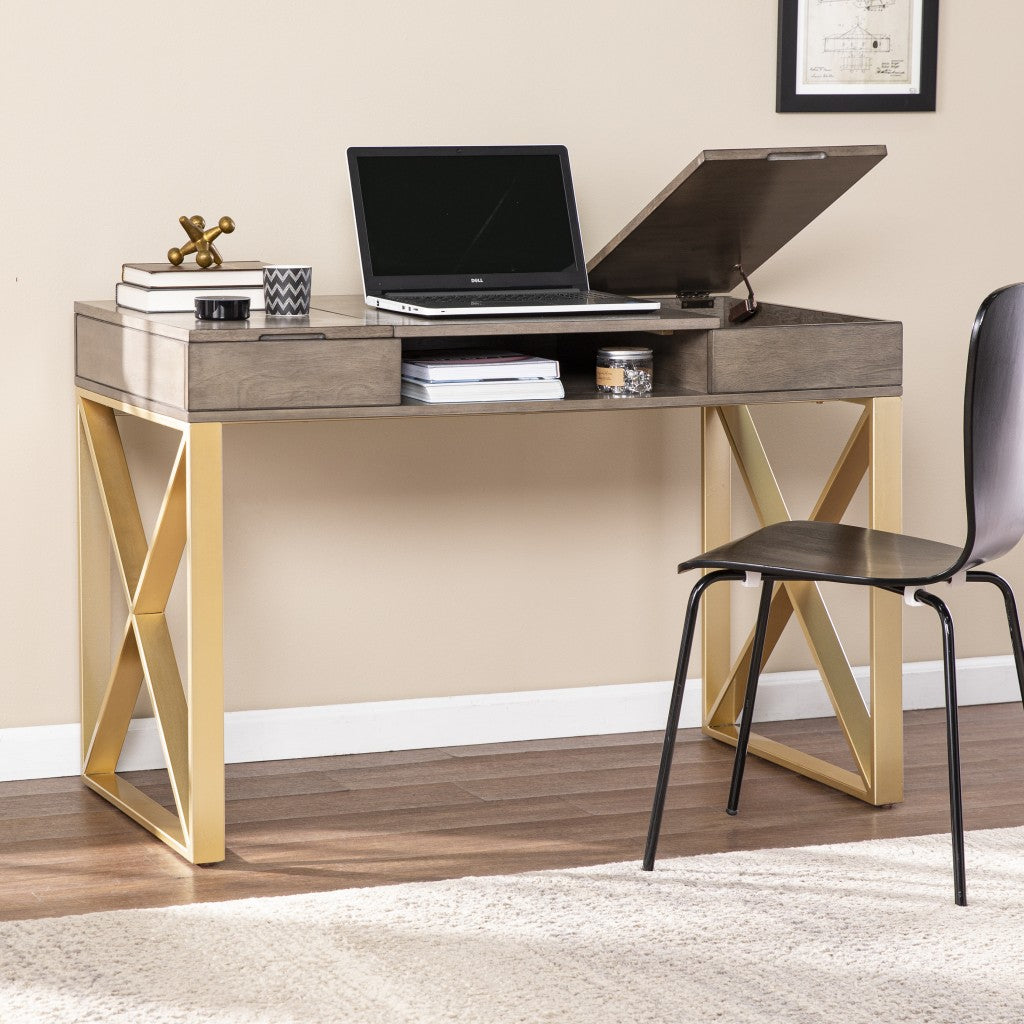 45" Gray and Gold Writing Desk With Two Drawers