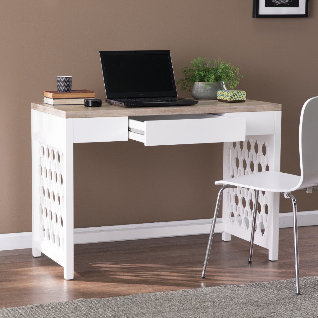 43" Natural And White Writing Desk With Three Drawers
