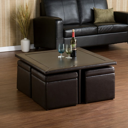 Five Piece Dark Brown Faux Leather Coffee Table and Storage Ottoman Set