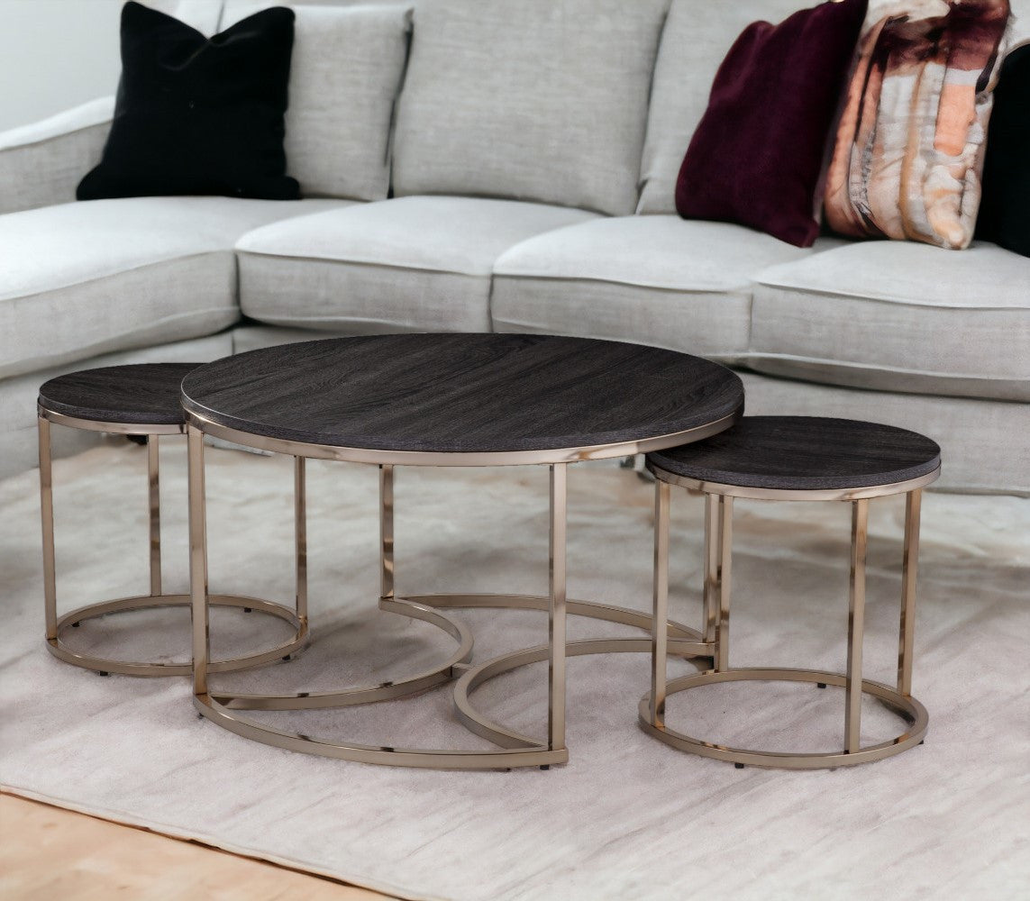 32" Champagne And Charcoal Manufactured Wood And Metal With Iron Round Coffee Table