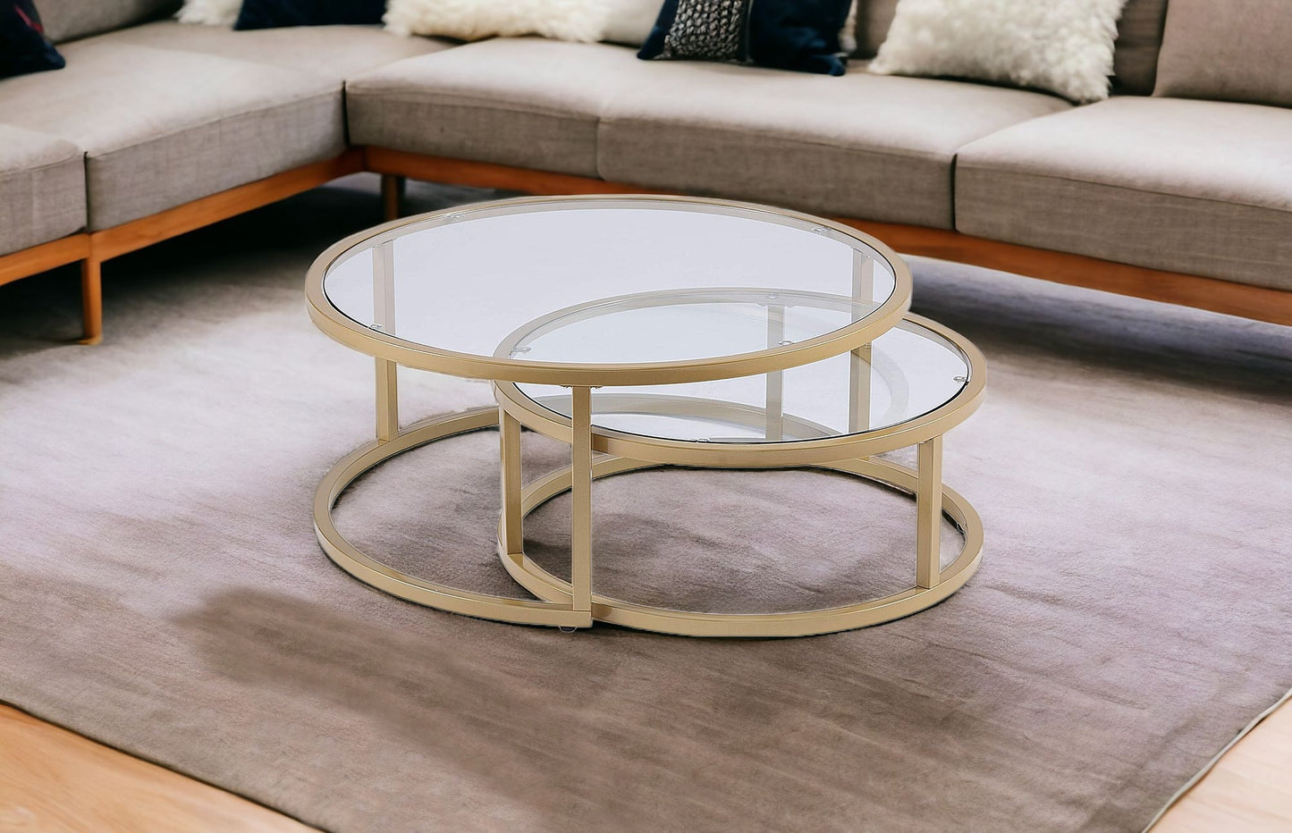 Set of Two Gold Glass Round Nested Coffee Tables