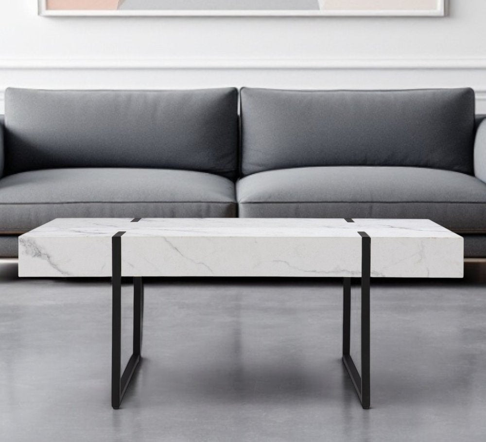 43" White And Black Faux Marble And Metal With Iron Coffee Table