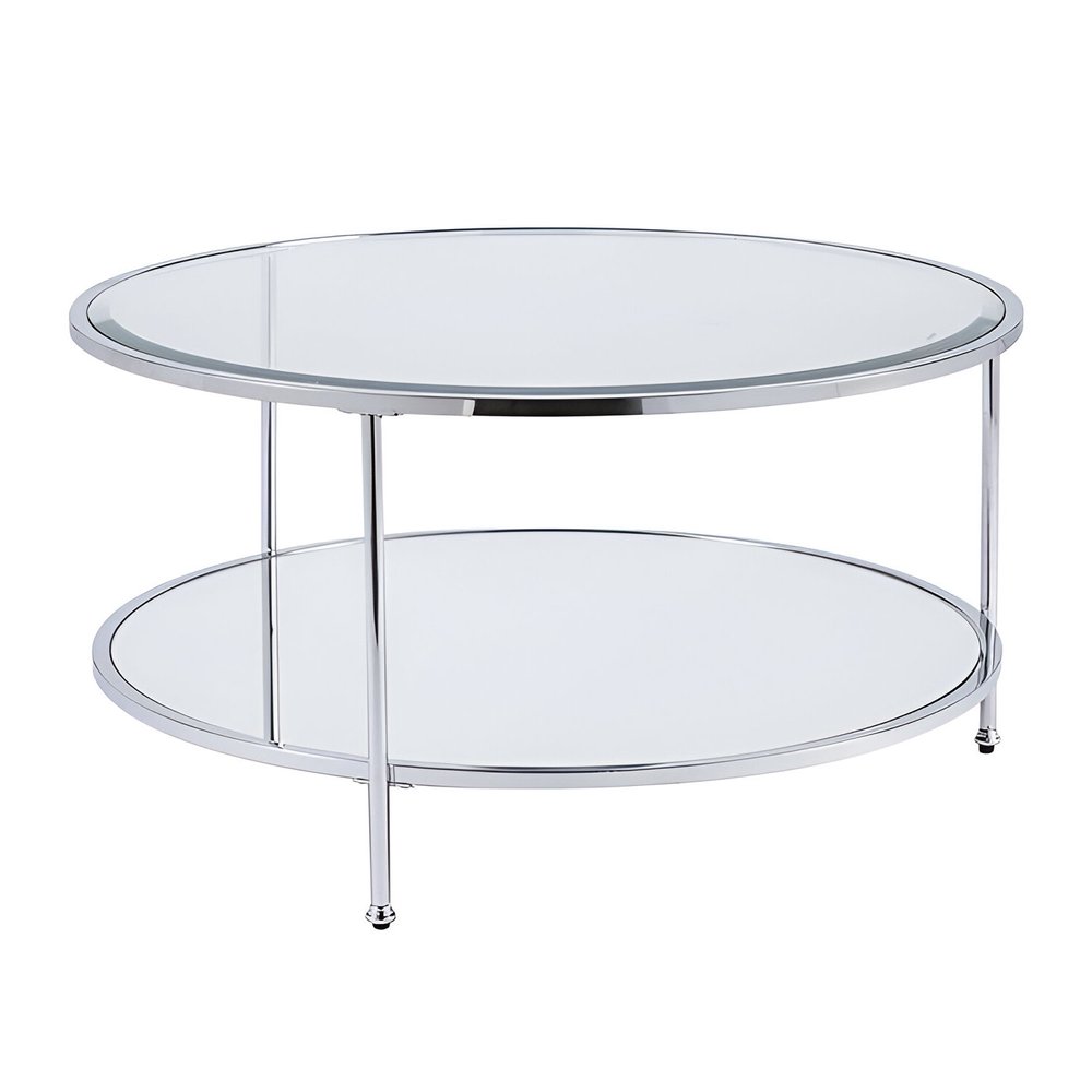 34" Chrome Glass And Metal Round Mirrored Coffee Table