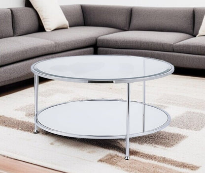 34" Chrome Glass And Metal Round Mirrored Coffee Table