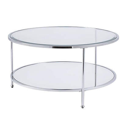 34" Chrome Glass And Metal Round Mirrored Coffee Table