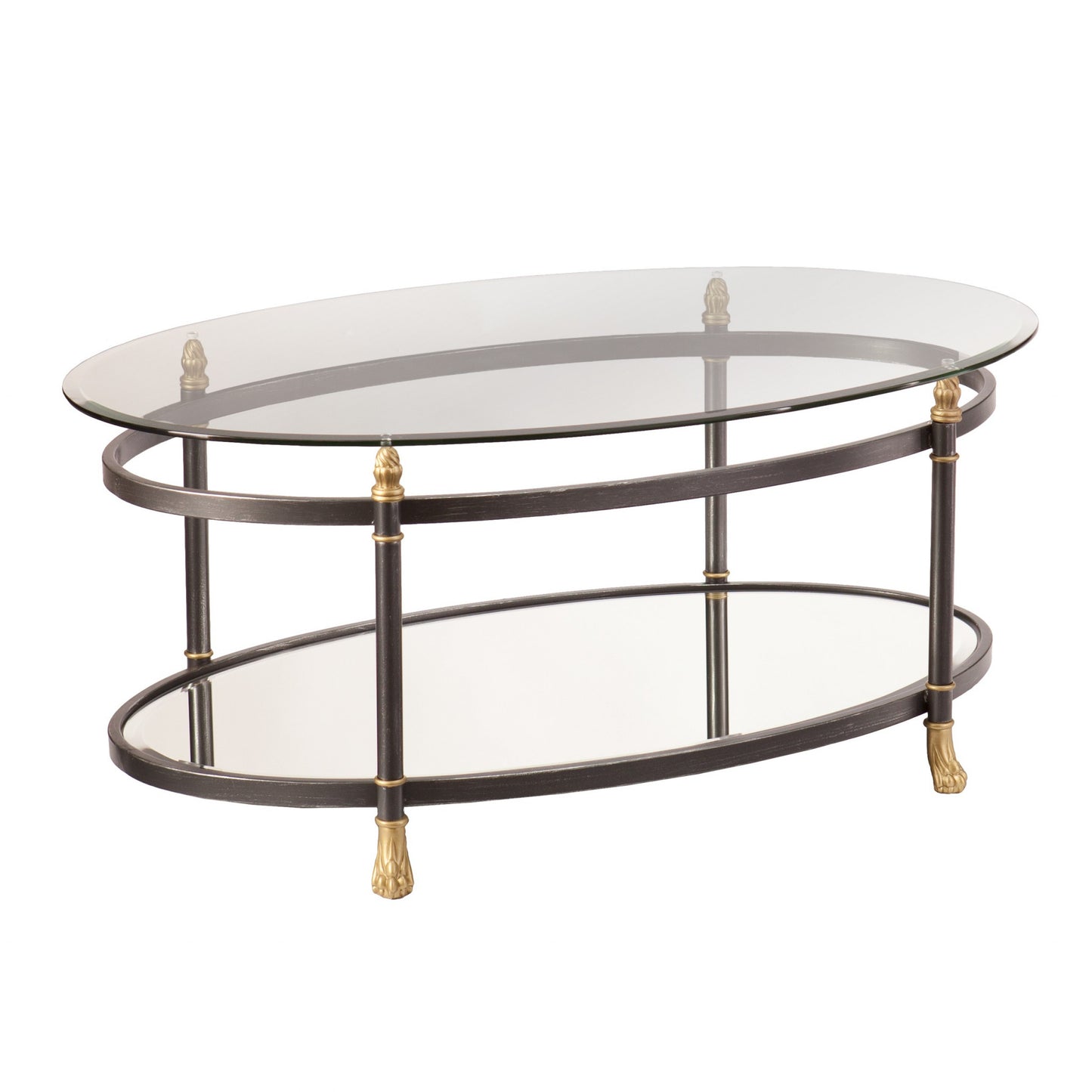 42" Gray Glass And Metal Oval Mirrored Coffee Table