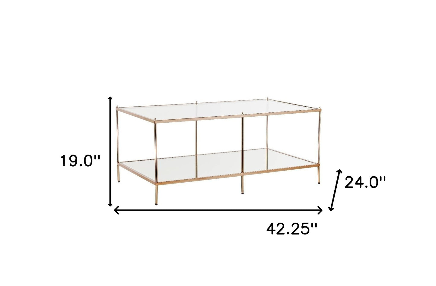 42" Gold Glass And Metal Rectangular Mirrored Coffee Table