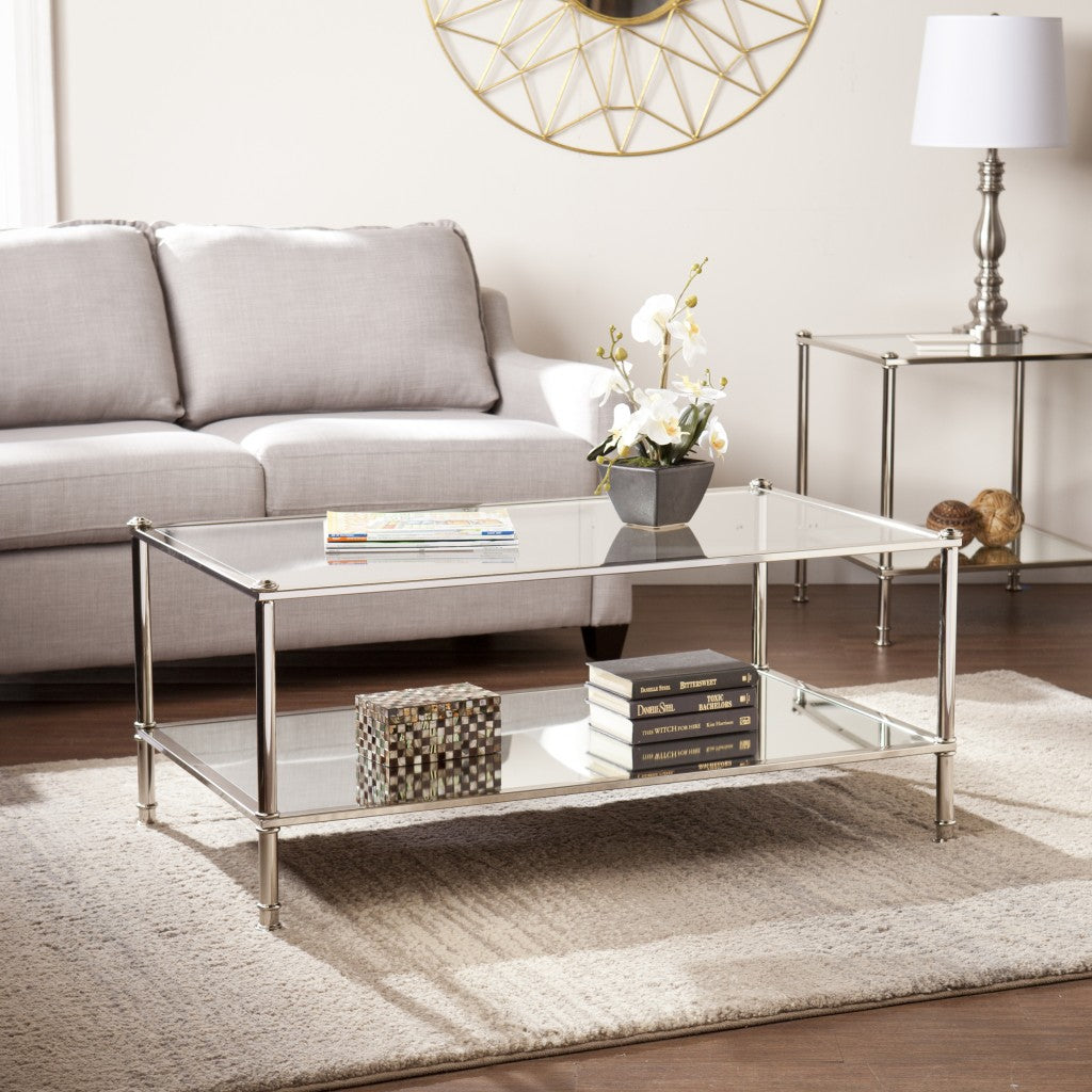 43" Silver Mirrored And Metal Rectangular Mirrored Coffee Table