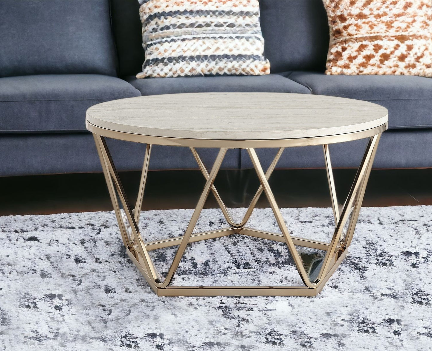 33" Champagne Solid Manufactured Wood And Metal Round Coffee Table