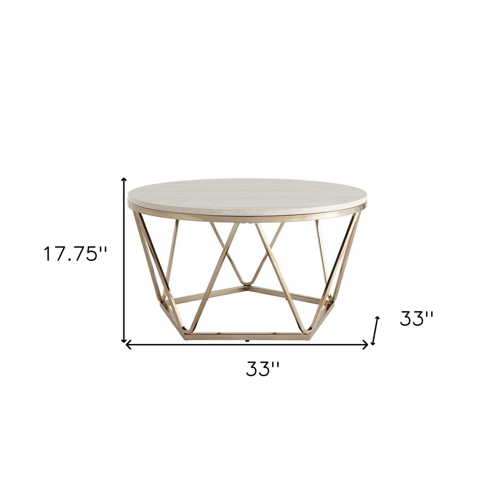 33" Champagne Solid Manufactured Wood And Metal Round Coffee Table