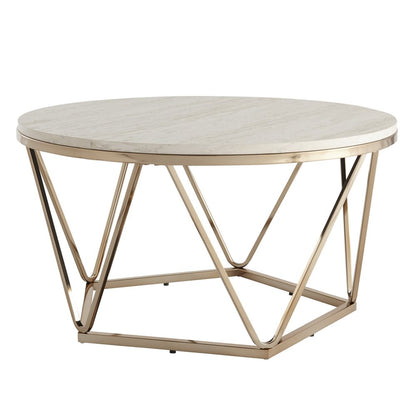 33" Champagne Solid Manufactured Wood And Metal Round Coffee Table