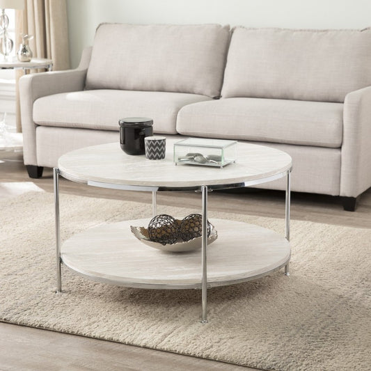 33-inch round coffee table with chrome metal frame & faux marble top
