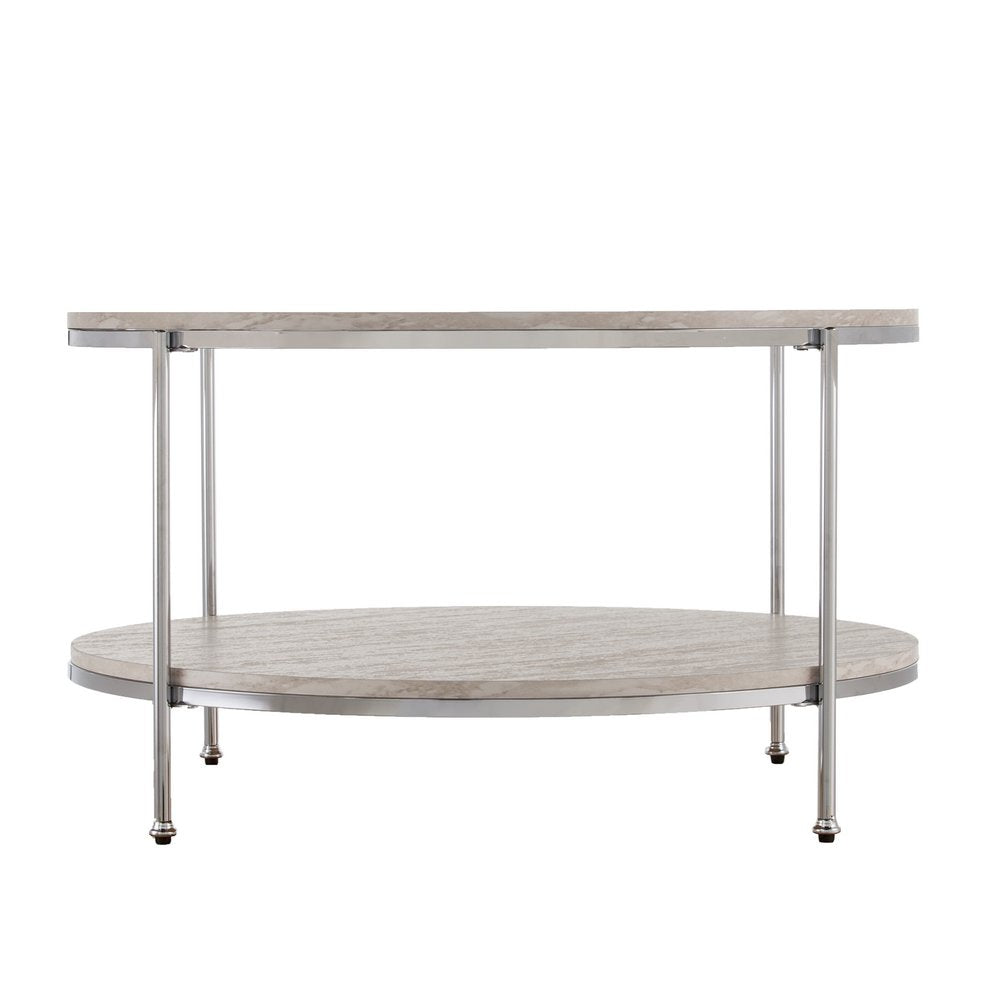 Two-tier round coffee table with marble-look tops and chrome legs.