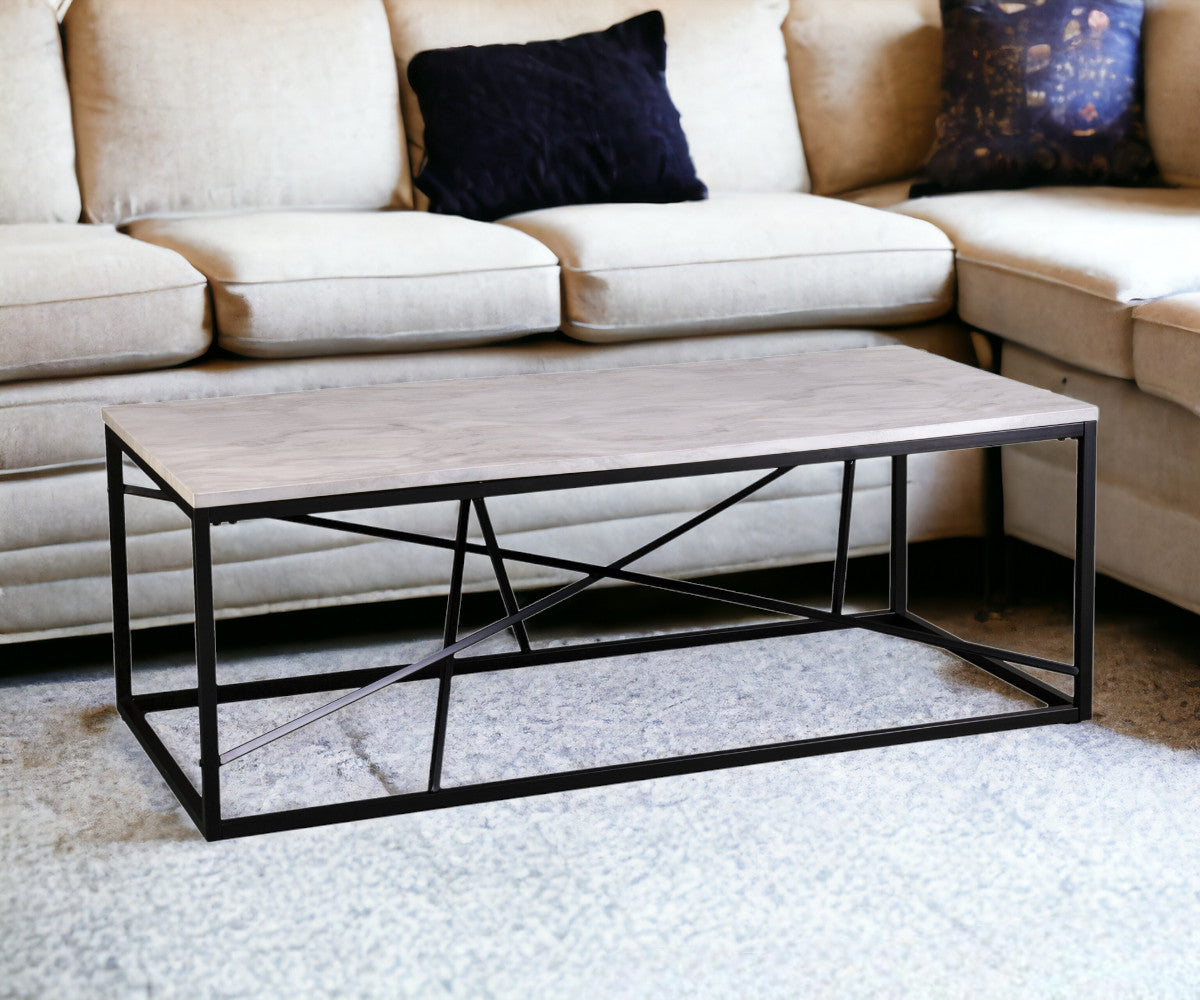 50" Black And White Faux Marble and Metal Geo Rectangular Coffee Table