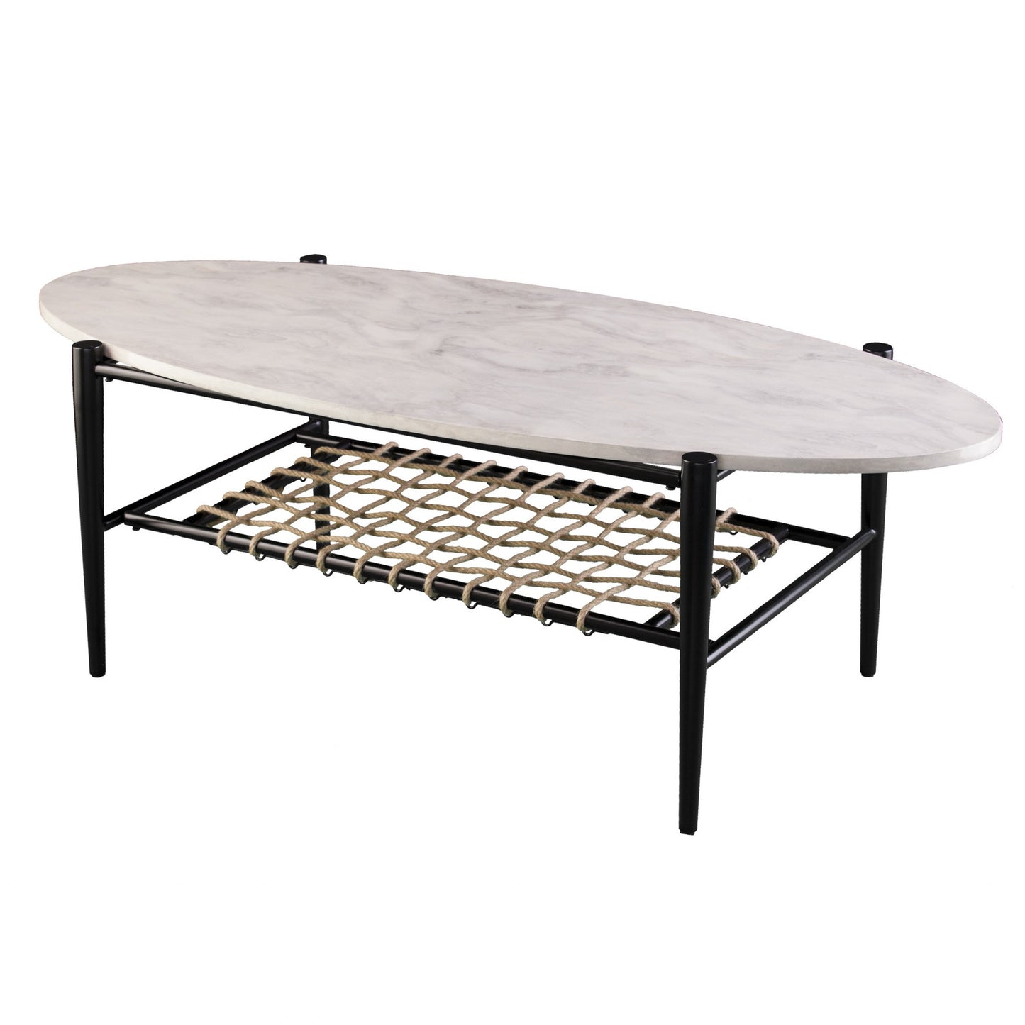 52" Black and White Metal and Faux Marble Boho Rope Oval Coffee Table