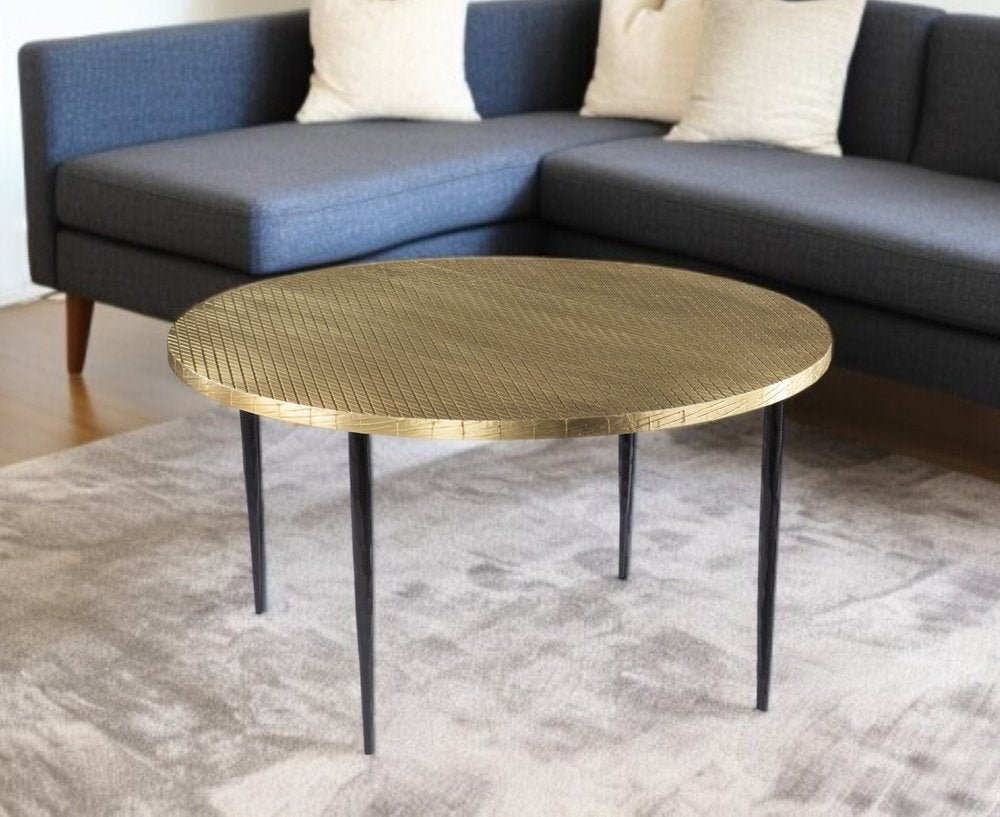 34" Black And Gold Embossed Metal Round Coffee Table