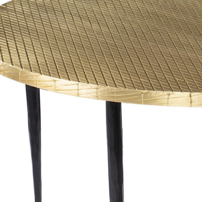 34" Black And Gold Embossed Metal Round Coffee Table