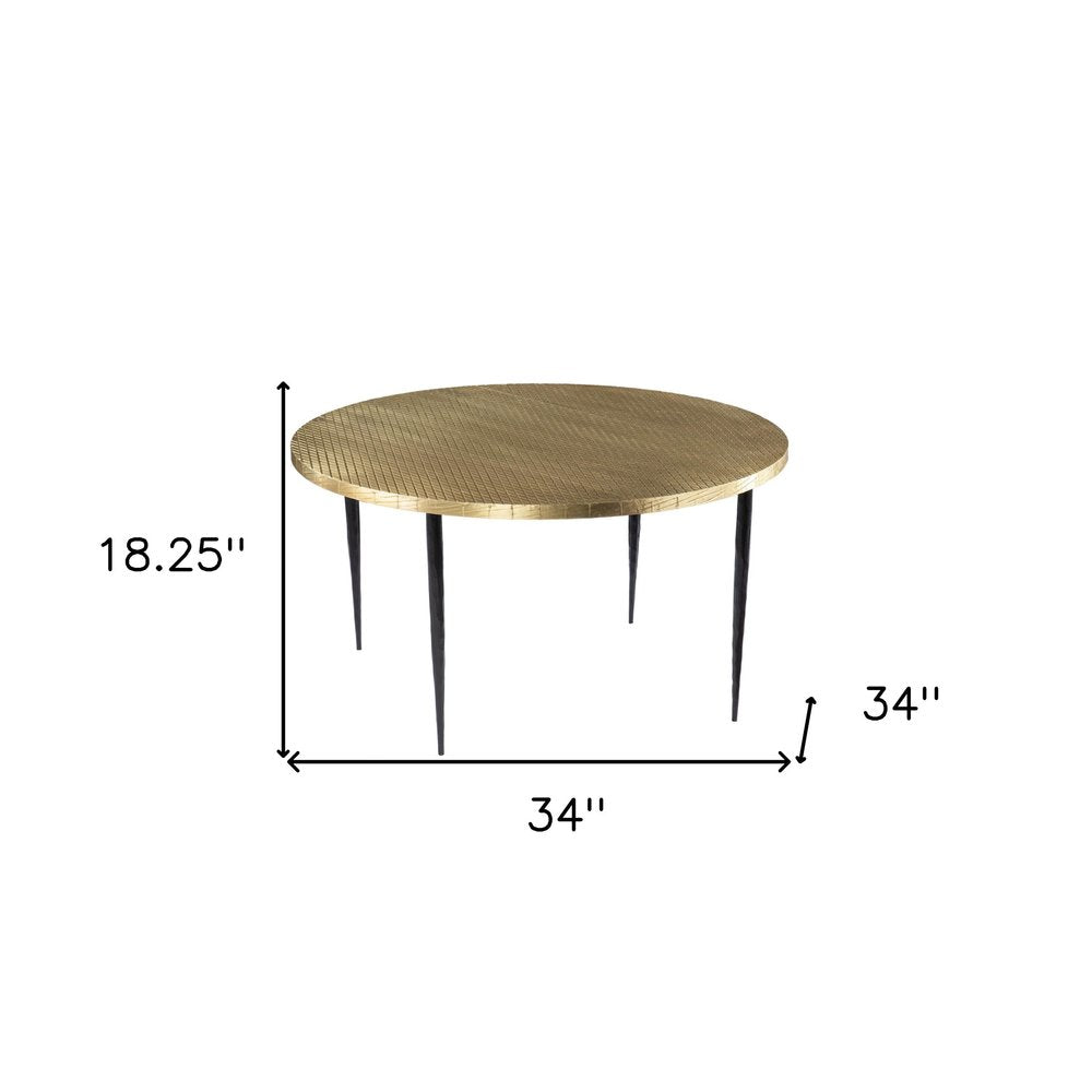 34" Black And Gold Embossed Metal Round Coffee Table