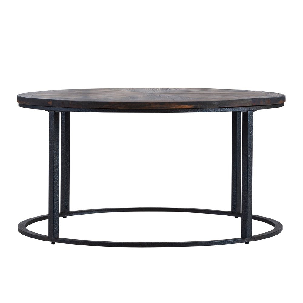 Round wood-top coffee table with dark brown finish and black metal circular frame.