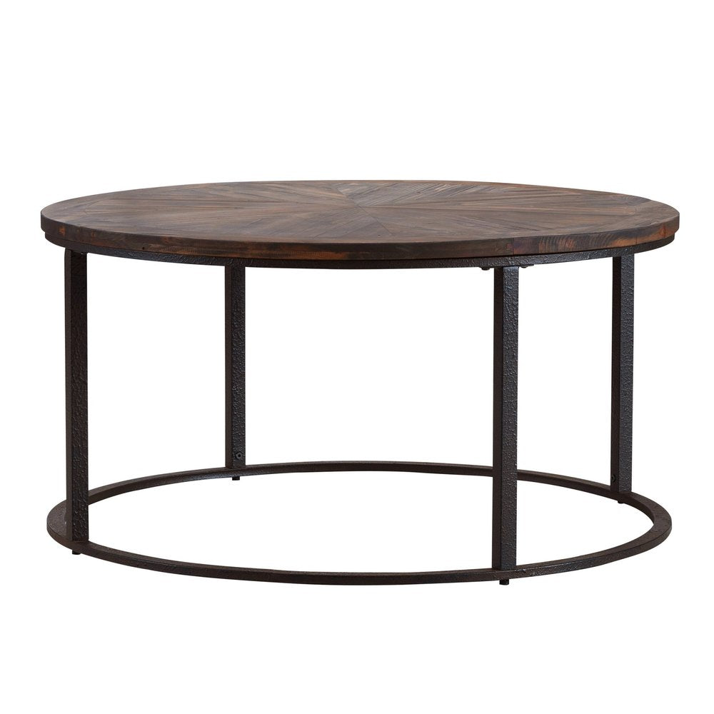 Round coffee table with dark wood top featuring radial grain, supported by black metal legs and a circular metal base.