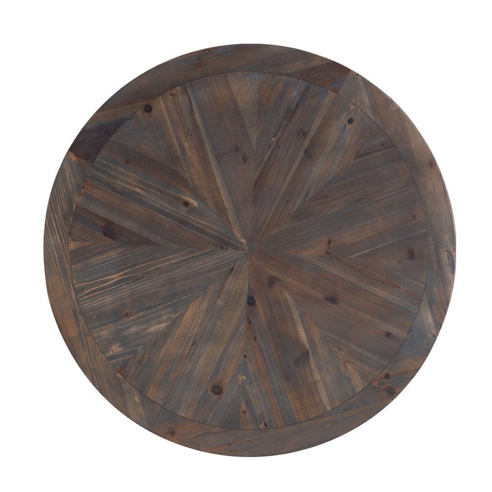 Dark brown circular wooden tabletop with sunburst radiating planks and rustic knots.