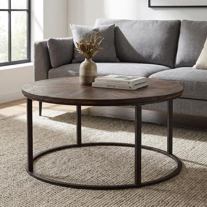 36" Natural And Brown Reclaimed Wood And Metal Round Coffee Table