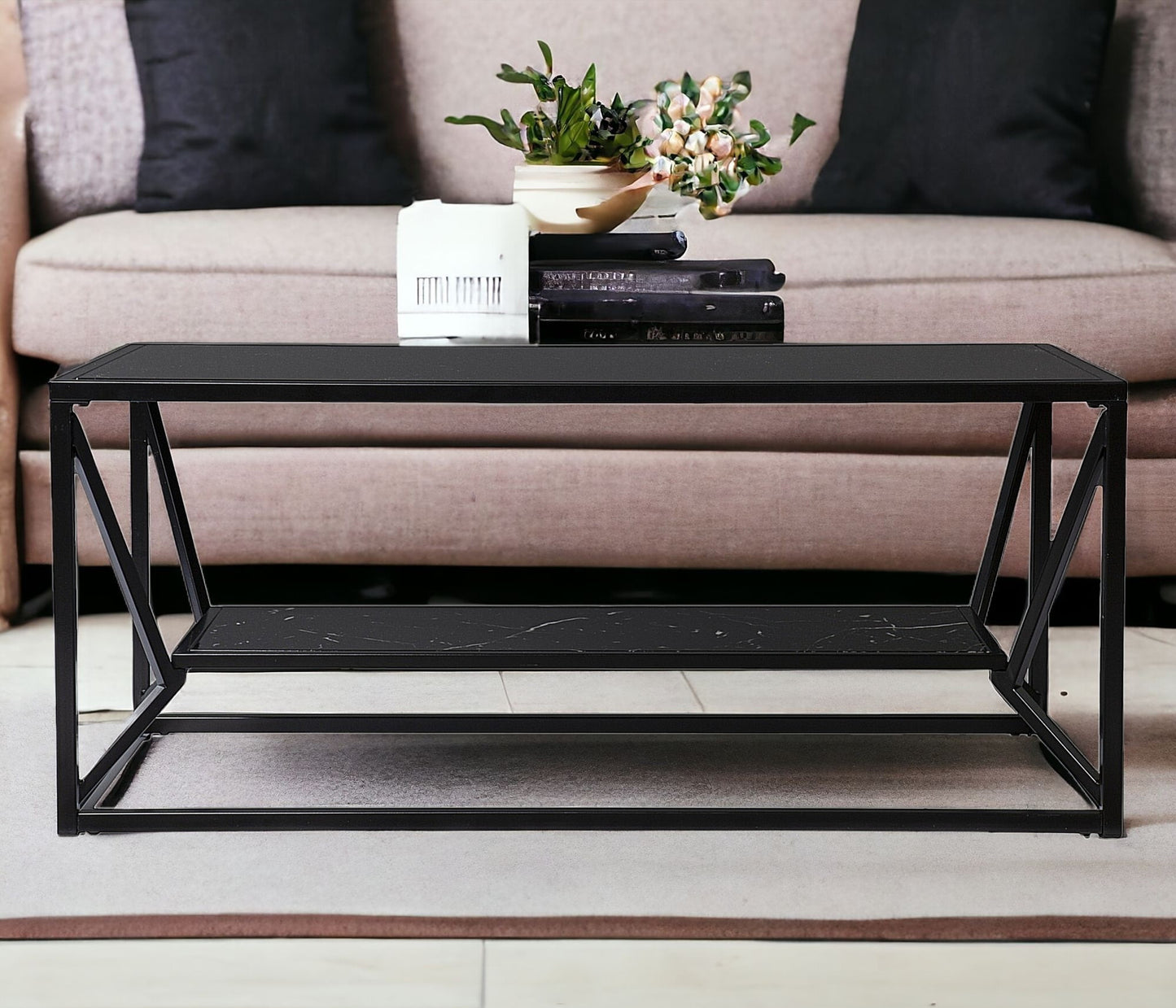 42" Black Glass And Metal With Iron Coffee Table