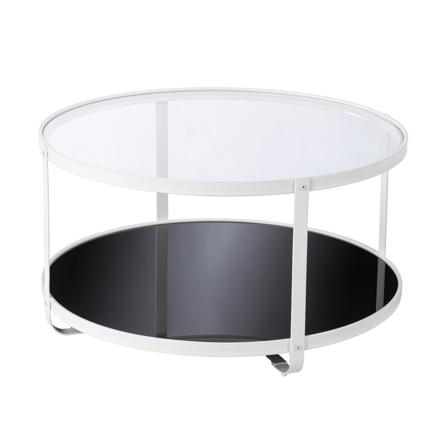 32" White Glass And Metal Two Tier Round Coffee Table