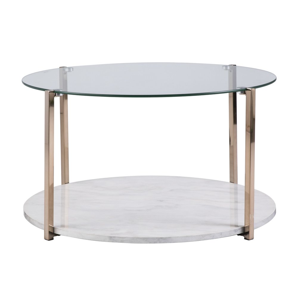 Round two-tier coffee table with clear glass top, faux marble lower shelf & gold metal frame