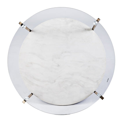 Round white marble disk with gray veining, atop a translucent circular stand held by four gold clamps.