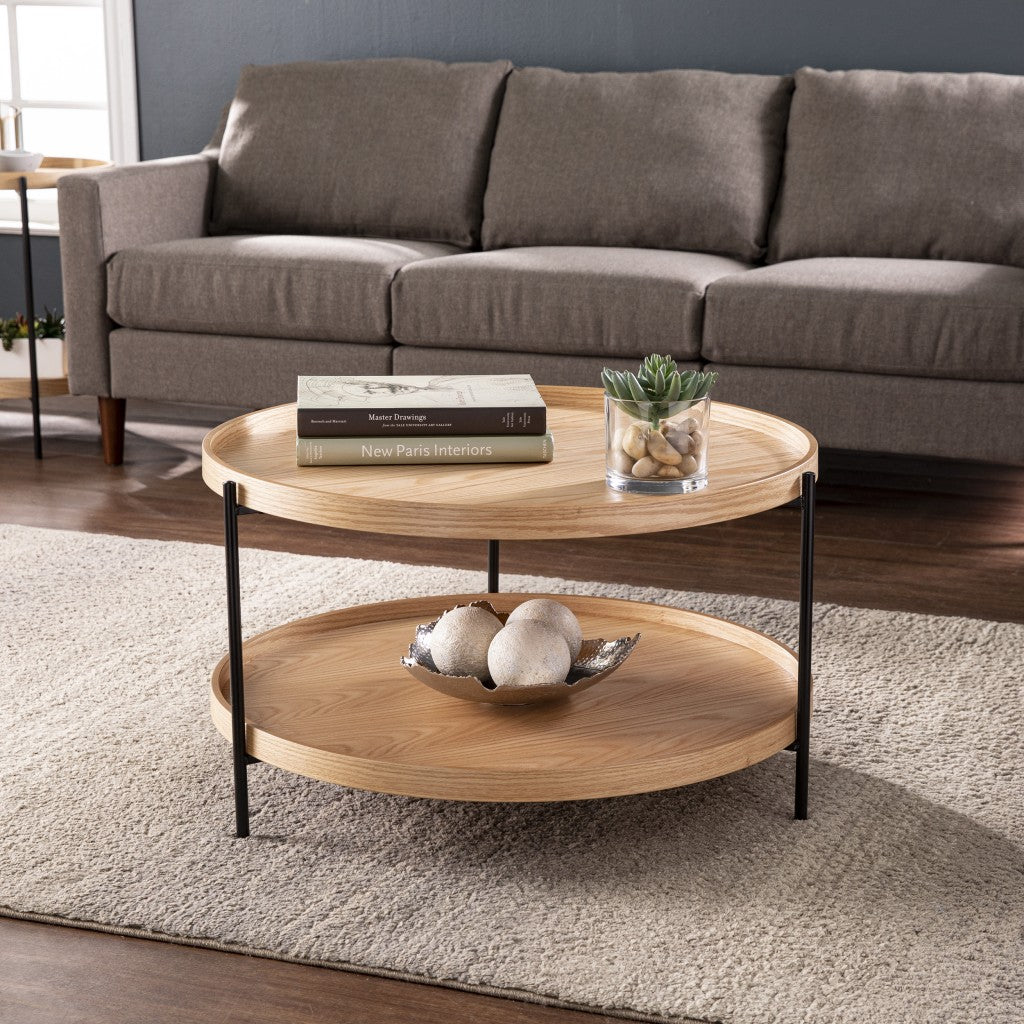 33" Natural And Natural Brown Manufactured Wood And Metal Round Coffee Table