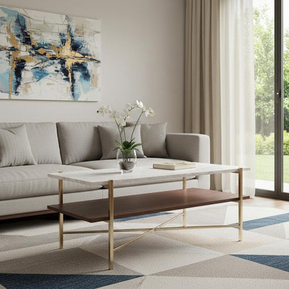 47" Brass Manufactured Wood And Metal Rectangular Coffee Table