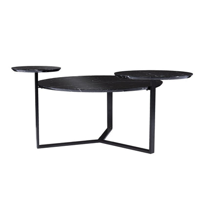 Black marble round coffee table with three circular tops on a geometric metal frame.