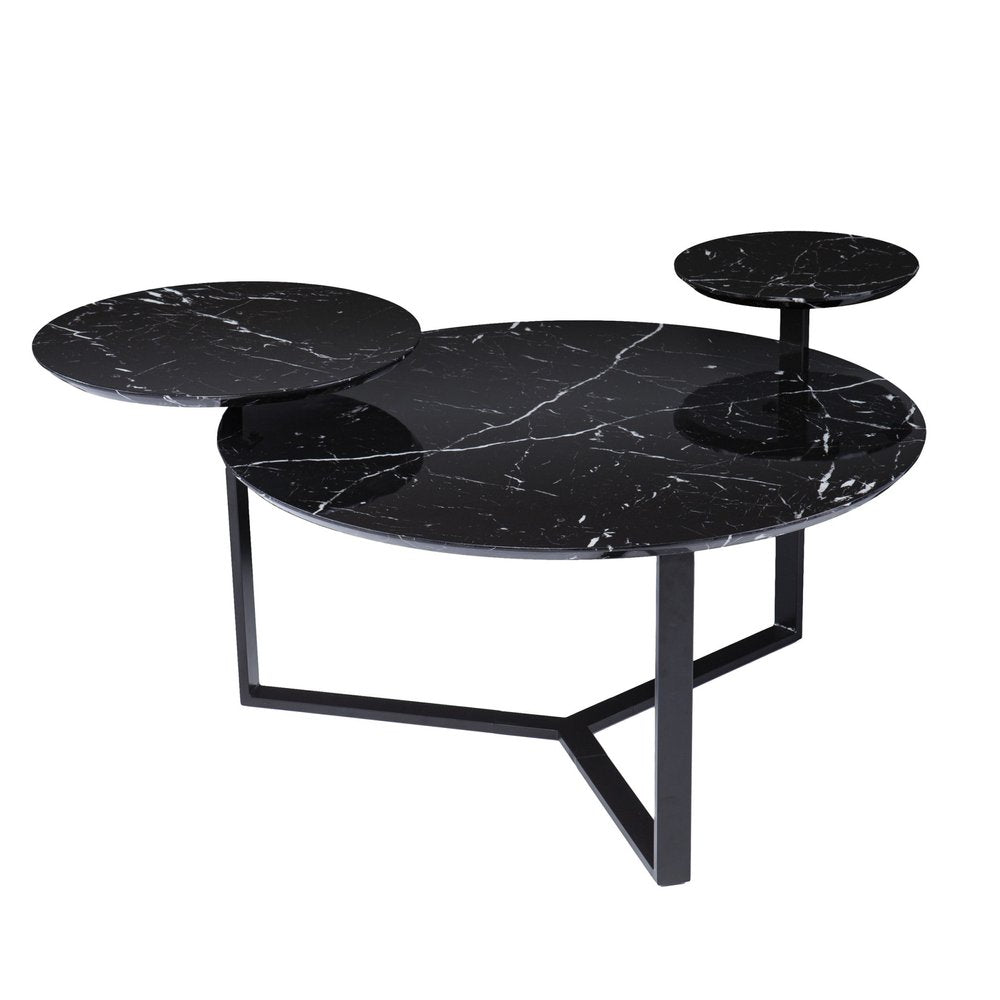 Black marble three-tier nesting coffee table with round tops & a geometric metal frame.