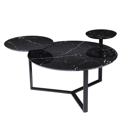 Black marble three-tier nesting coffee table with round tops & a geometric metal frame.